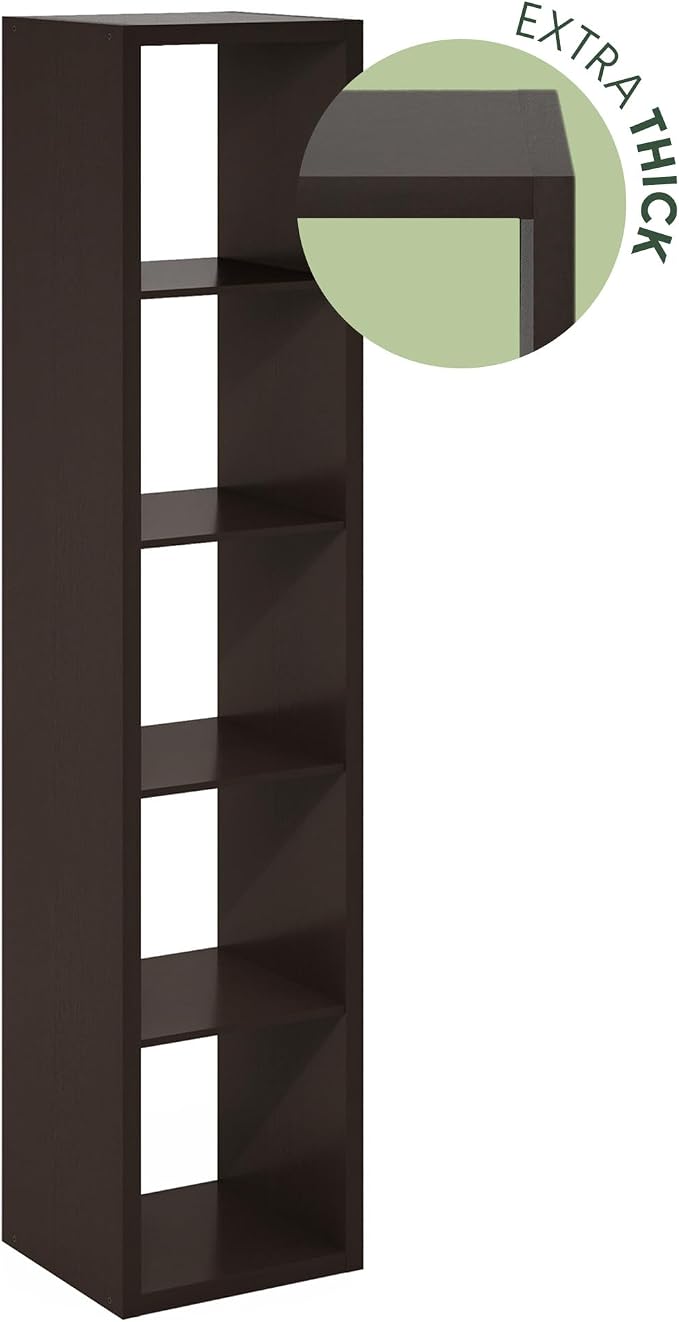Furinno Cubicle Book Shelf, 5-Cube Bookshelf, Extra Thick Horizontally & Vertically Reversible Bookcase with Open Back, 14.6" x 16" x 72", for Living Room, Bedroom, Home Office, Black Dark Oak