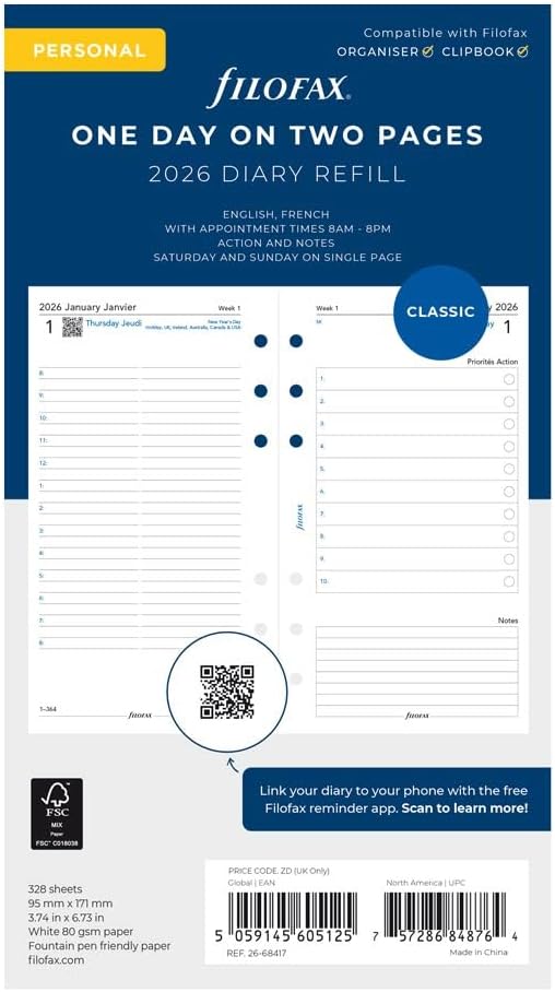 Filofax Calendar Diary Refill, Personal/Compact Size, Day on Two Pages with Appointments, White Paper, Bilingual, 2026 (C68417-26)