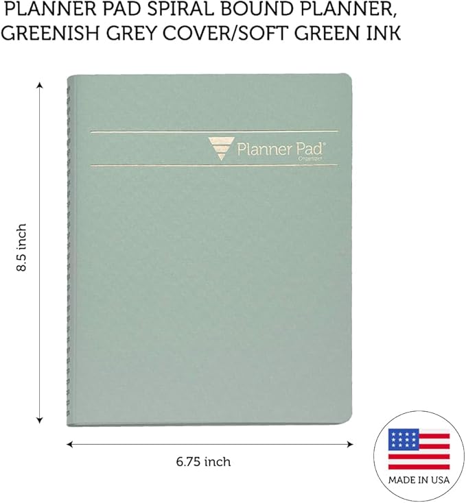Planner Pad Spiral Bound January-December 2025/ Calendar Year 6 3/4" x 8 1/2" Medium 3-Tier Funnel Down 12 Month Organizer, Greenish Grey Cover/Soft Green Ink