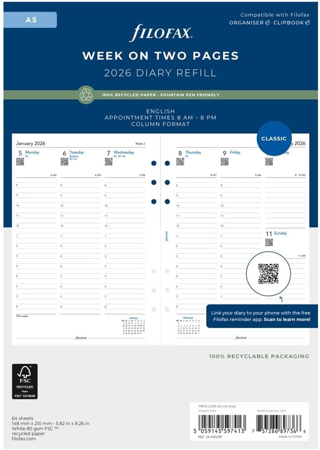 Filofax Calendar Diary Refill, A5 Size, Week-to-View with Appointments, White Paper, English, 2026 (C68521R-26)