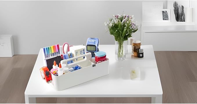 Portable Caddy Organizer -2 Stackable Plastic Caddy with Handle | Desk, Makeup, Dorm Caddy, Classroom Art Organizers (Made In Usa) (Ivory/Orion Gray)