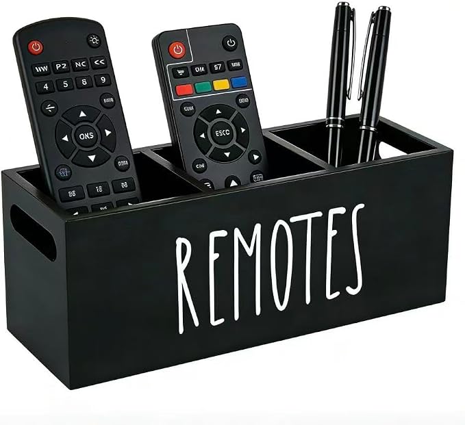 Wooden Remote Control Holder 3 Compartment Storage Box for Table Desk Home Office Living Room School (Black)
