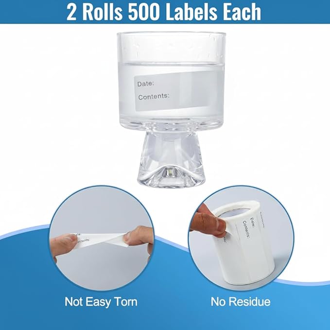 BLISKO 1000 Pcs Freezer Labels, 2 Rolls, 1x3 Inch Food Labels Stickers with Pre-Printed Date & Contents, Food Storage Labels, Waterproof, No Residue for Meal Prep, Food Containers, Jars, Bags