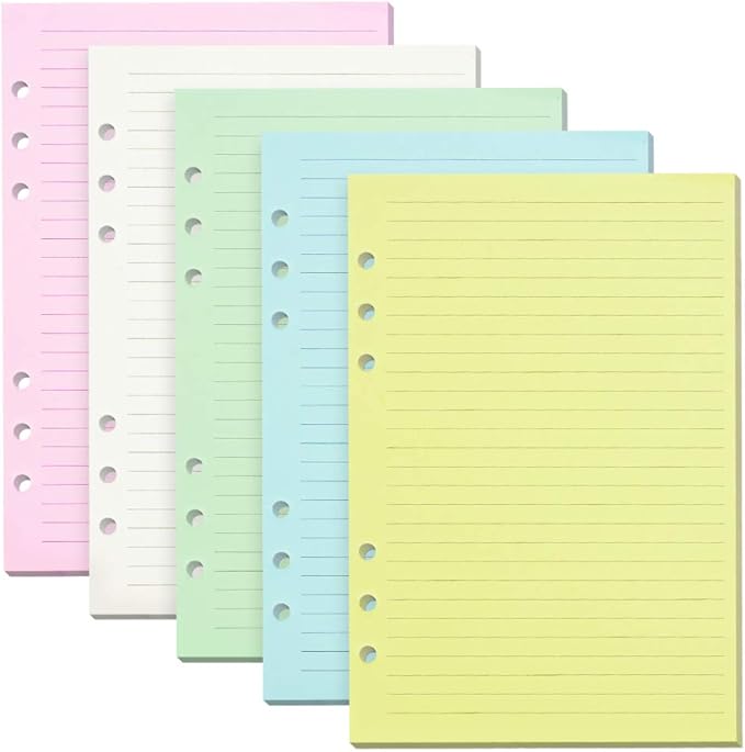 Lined Refill Paper, 200 Colored Ruled Pages for A5 Refillable 6-Ring Binder Notebook Journal Planner Organizer Insert, 120 GSM Thick Loose Leaf Paper