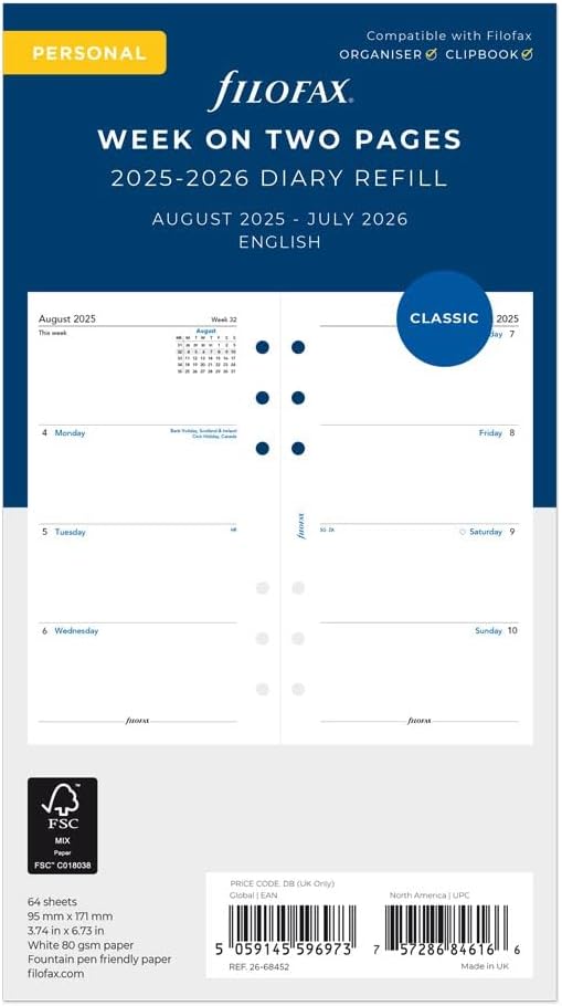 Filofax Calendar Diary Refill, Personal/Compact Size, Week-to-View, Academic, White Paper, Unruled, English, August 2025 to July 2026 (C68452-26)