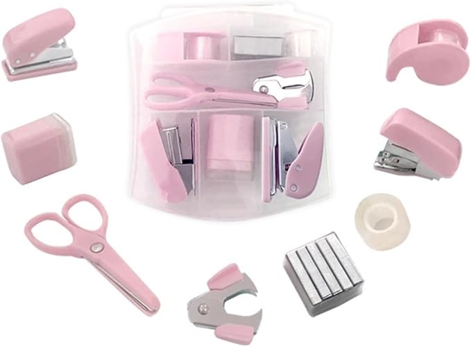 Mini Office Supply Kit Portable Case with Scissors, Mini Stapler,Tape Dispenser,Hole Puncher,Staples Mini Desktop Stapler for Office Or School Supplies