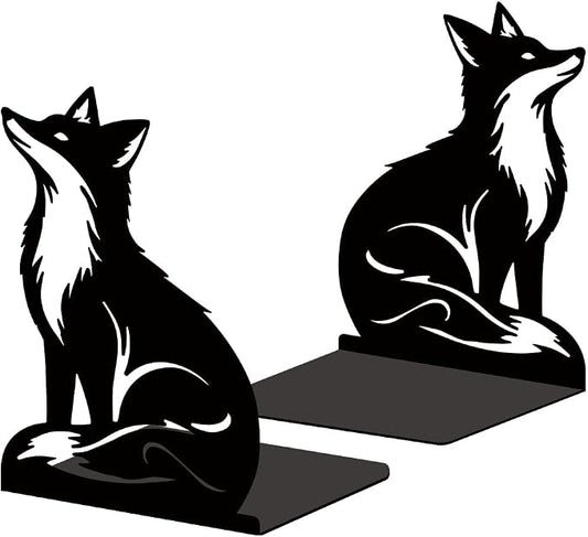 Black Fox Metal Bookends for Shelves, Exquisite Fox Bookshelf Decor Book Ends for Heavy Books, Home School Office Desk Decoration, Book Stopper for Study and Birthday Gift