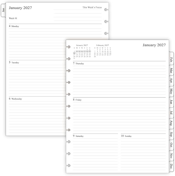 2027 Weekly Planner Refills for 11-Discbound Notebooks, Monthly Tabs, 11-Disc Punches, Letter Size, 8-1/2" x 11"