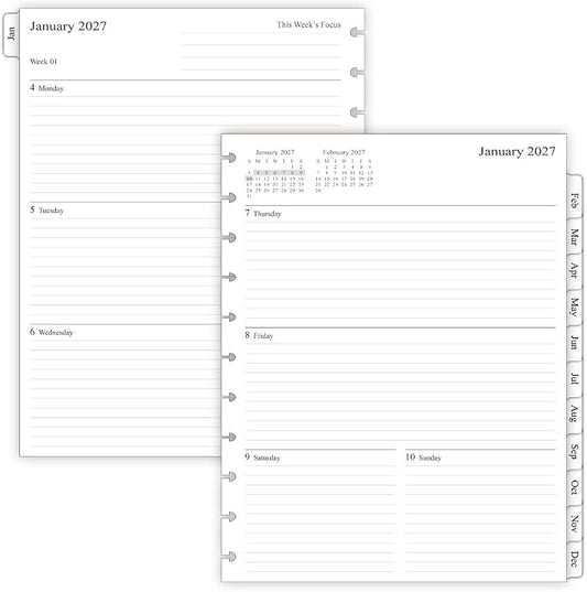 2027 Weekly Planner Refills for 11-Discbound Notebooks, Monthly Tabs, 11-Disc Punches, Letter Size, 8-1/2" x 11"