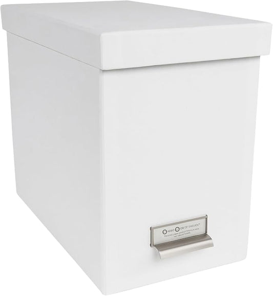 Bigso John Fiberboard Label Frame Desktop File Storage Box - Document Organizer for Important Paperwork - Durable Hanging File Box with a Lid & Metal Label Window - 7.36 x 13.38 x 10.51 in - White