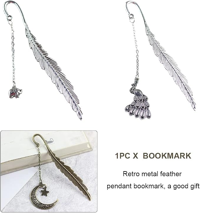 iayokocc Creative Metal Feather Bookmark, Classical Bookmarks with Pendant for Women, Teens Girls, Readers and Book Lovers.(Stars and Moon)