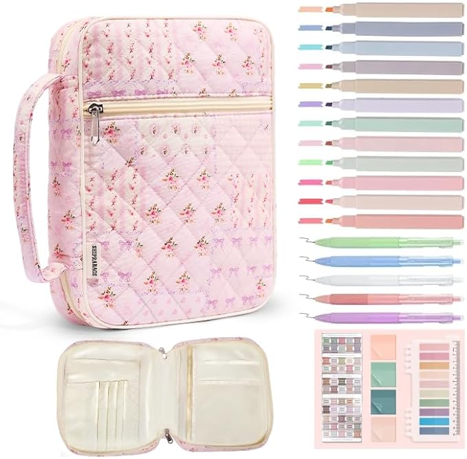 Quilted Bible Cover Case for Women with Bible Study Supplies Journaling Kit Floral Bible Bag Carrying Case with Pastel Highlighters Tabs, Women Christmas Christian Gifts (Purple Pin, M)