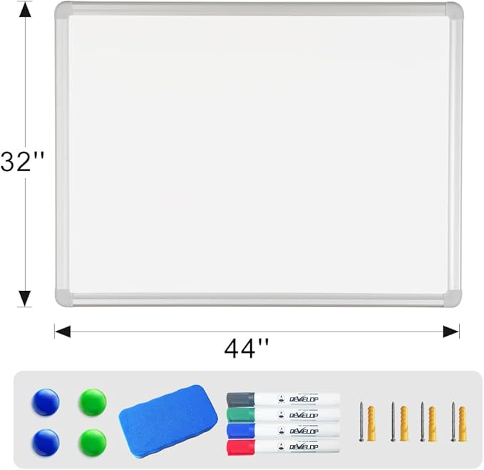 DEVELOP Magnetic White Board Dry Erase, 32 x 44 Inch, Dry Erase Board Aluminum Frame for Wall, Hanging Whiteboard with Detachable Marker Tray for Planning, Kitchen, Memo, School, Home, Office