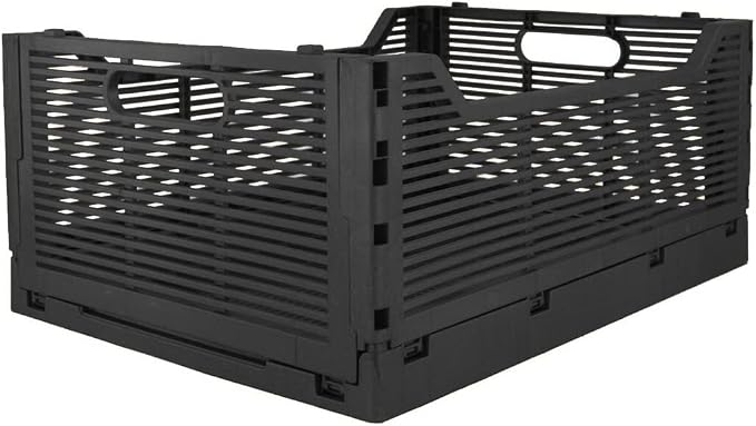 OnDisplay Stackable Folding Desk/Beauty/Closet Storage Crate - Foldable Space Saving Bins for Home Kitchen Classroom Office Vanity Bathroom Pantry (Single Large - With Letters, Black)