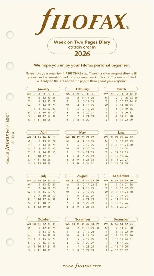 Filofax Calendar Diary Refill, Personal/Compact Size, Week-to-View, Cotton Cream Paper, Unruled, English, 2026 (C68424-26)