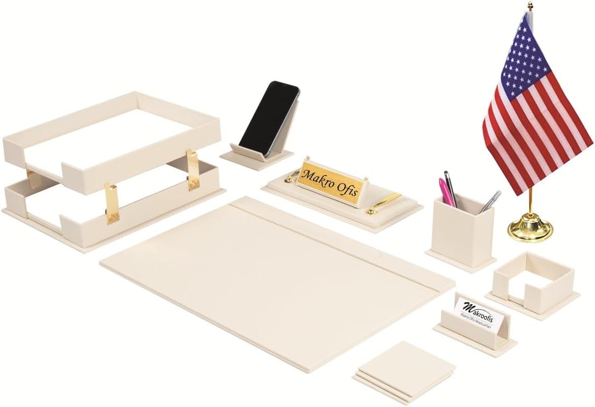 Galaxy Bonded Leather Executive Desk Set – 12-Piece Luxury Desk Organizer with Desk Mats, Double Document Rack, Name Plate, Pens & Office Accessories