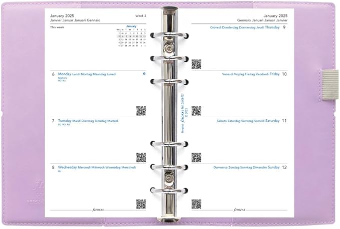 Filofax Domino Soft Organizer, Personal Size, Orchid - Smooth, Leather-Look, Grain Effect, Tactile, Six Rings, Week-to-View Calendar Diary, Multilingual, 2025 (C022607-25)