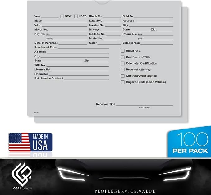 Printed Vehicle Deal Jackets Envelopes Folders for Auto Car Dealerships - 9x12 Size - Dealer Supplies - New and Used Cars - 100 Quantity (Gray)