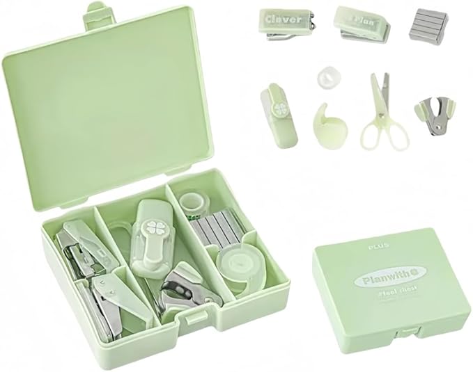 Staple Remover, Hole Punch & Stapler Set - 8-Piece Writing Set with Lucky Clover Design in Practical Storage Box