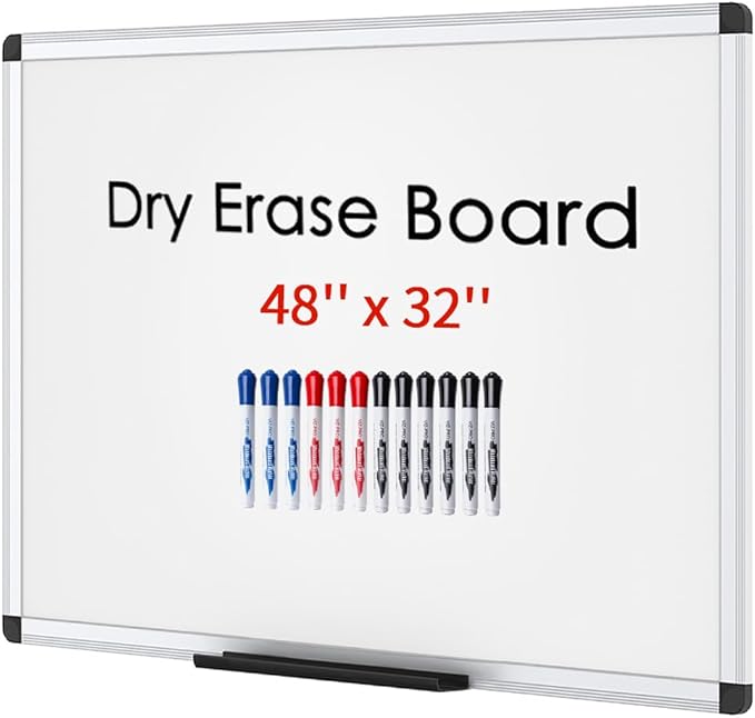VIZ-PRO Dry Erase Board/Magnetic White Board, 48 X 32 Inches, Silver Aluminium Frame, with 12-Count Markers