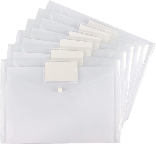 6 Pack Clear Document Folders Plastic Envelopes Poly Envelopes File Envelopes with Label Pocket and Snap Button for Home Work Office Organization, Letter Size/A4 Size, White