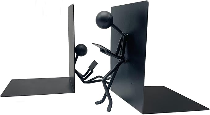 Ottimo Heavy Duty Metal Unique Office Desk Bookends for use as Bookshelf Decor, Home, Office or Kitchen Shelves. Unique, Cute and Decorative Book Stopper to Hold Books, Great Gift Idea (Black)