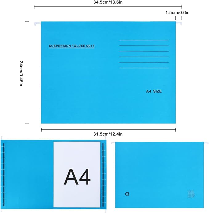 A4 Hanging File Folders, 25 Pcs Recycled Card File Folders for Filing Cabinet with Tabs and Card Inserts, Hanging Files Storage Folders for Office and School, Light Blue