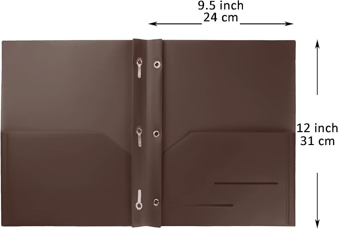 Youngever 6 Pack Heavy Duty Plastic Two Pocket Folders with 3 Prongs, Metal Prongs Fastener, Heavy Duty Plastic 2 Pocket Folder (Brown)