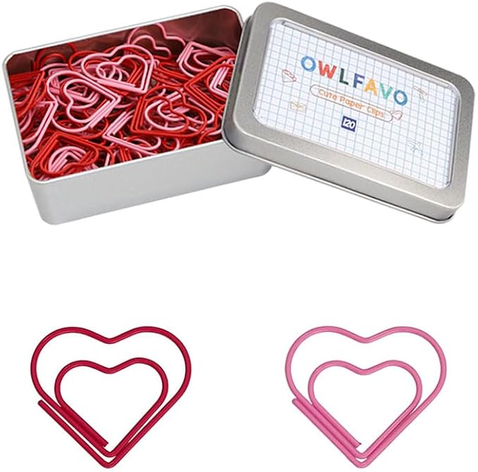 OWLFAVO 120pcs Heart Shape Paper Clips with Clear Box, Red and Pink, Funny Cute Paperclips Bookmarks Planner Clips for Fun Office Supplies School Gifts Wedding Decoration