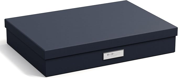 Bigso Sverker Fiberboard Legal and Art Storage Box | Scrapbook Storage Box for Loose Papers and More | Durable Document Boxes with Lid and Metal Label Holder | 17.1’’ x 12.2’’ x 3.3’’ | Blue