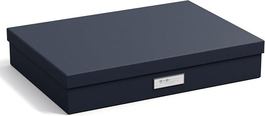 Bigso Sverker Fiberboard Legal and Art Storage Box | Scrapbook Storage Box for Loose Papers and More | Durable Document Boxes with Lid and Metal Label Holder | 17.1’’ x 12.2’’ x 3.3’’ | Blue
