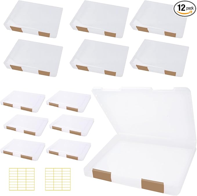 12 Pcs Clear A4 A5 File Box Document Plastic Storage Box with 48 Labels File Holder Organizer Paper Plastic Case Magazine Protector with Buckle Office School Supplies(Brown)