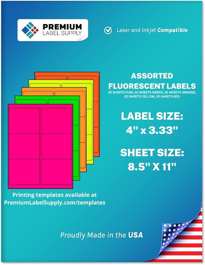 Premium Label Supply Bright Neon Color Fluorescent Stickers - 4" x 3.33" Labels - (Assorted Fluorescent, 600 Labels)