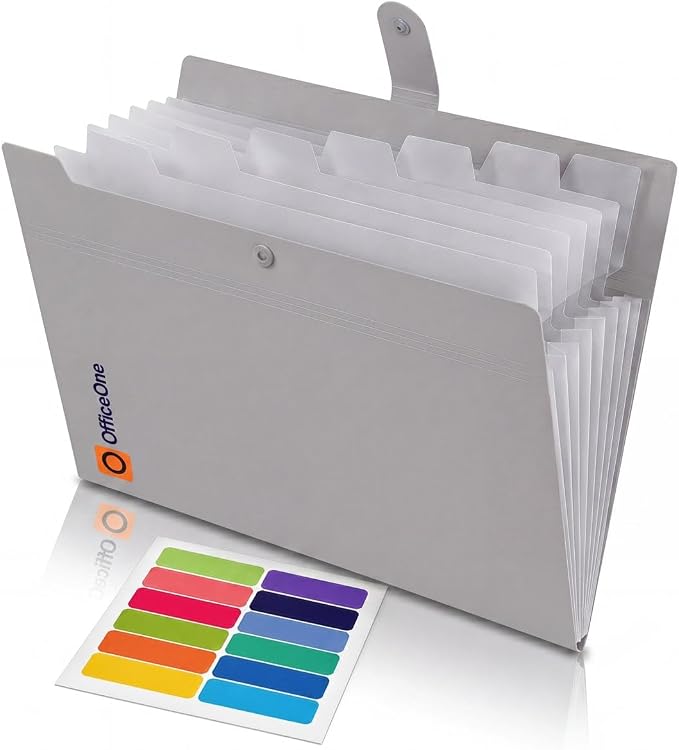 OfficeOne 8-Pocket Expanding File Folder, A4 Letter Size Accordion Document Organizer with Snap Closure, Labeled Tabs & Customizable Color-Coding Stickers, Home Office School (Stone Gray)