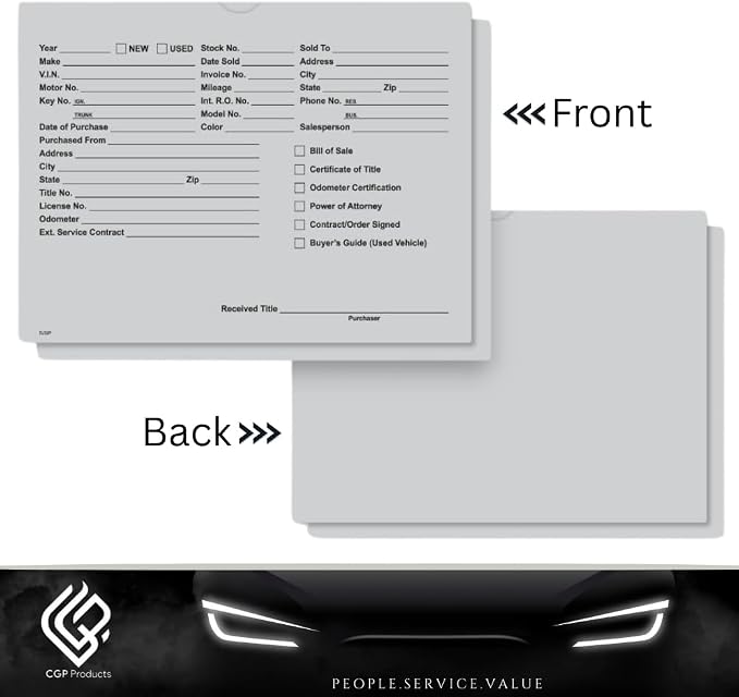Printed Vehicle Deal Jackets Envelopes Folders for Auto Car Dealerships - 9x12 Size - Dealer Supplies - New and Used Cars - 100 Quantity (Gray)