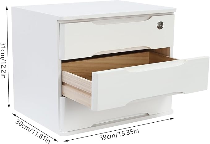 3-Tier Desk Organizer with Lockable Drawers,1 Locks & 2 Keys, Wooden Desktop Storage Box, Categorized Storage Desktop File Cabinet(White)