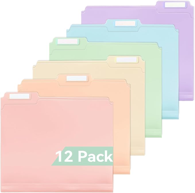 SortRax Plastic Manila Folders 8.5 x 11, 12 Pack, Poly Pastel File Folders, 1/3-Cut Tabs with Colorful Labels, Letter Size