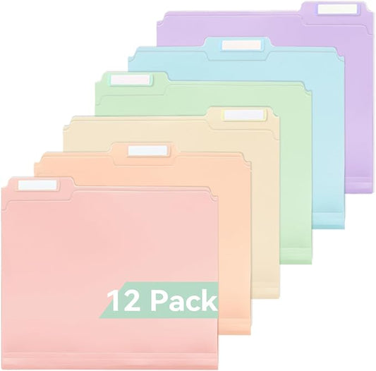 SortRax Plastic Manila Folders 8.5 x 11, 12 Pack, Poly Pastel File Folders, 1/3-Cut Tabs with Colorful Labels, Letter Size