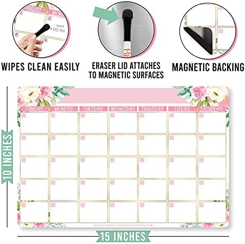 Hadley Designs - Floral Dry Erase Board Calendar for Fridge, Wall - Magnetic Notepad