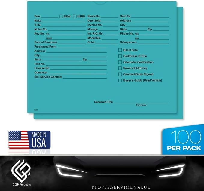Printed Vehicle Deal Jackets Envelopes Folders for Auto Car Dealerships - 9x12 Size - Dealer Supplies - New and Used Cars - 100 Quantity (Teal)