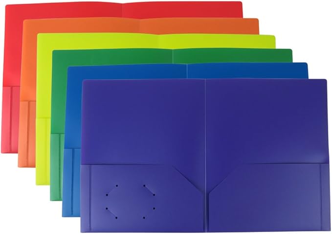 Evelots 6 Pack Plastic Folders with Pockets - 6 Assorted Colors - Heavy Duty File Folders with Business Card Slot - 2 Pocket Folder for Office, School, Home, Sports Coaches - Documents Letter Size