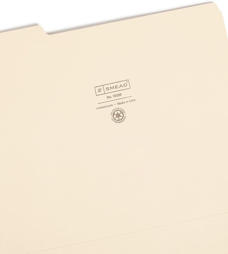 Smead 100% Recycled File Folder, 1/3-Cut Tab, Letter Size, Manila, 100 Per Box (10339) (Pack of 5)