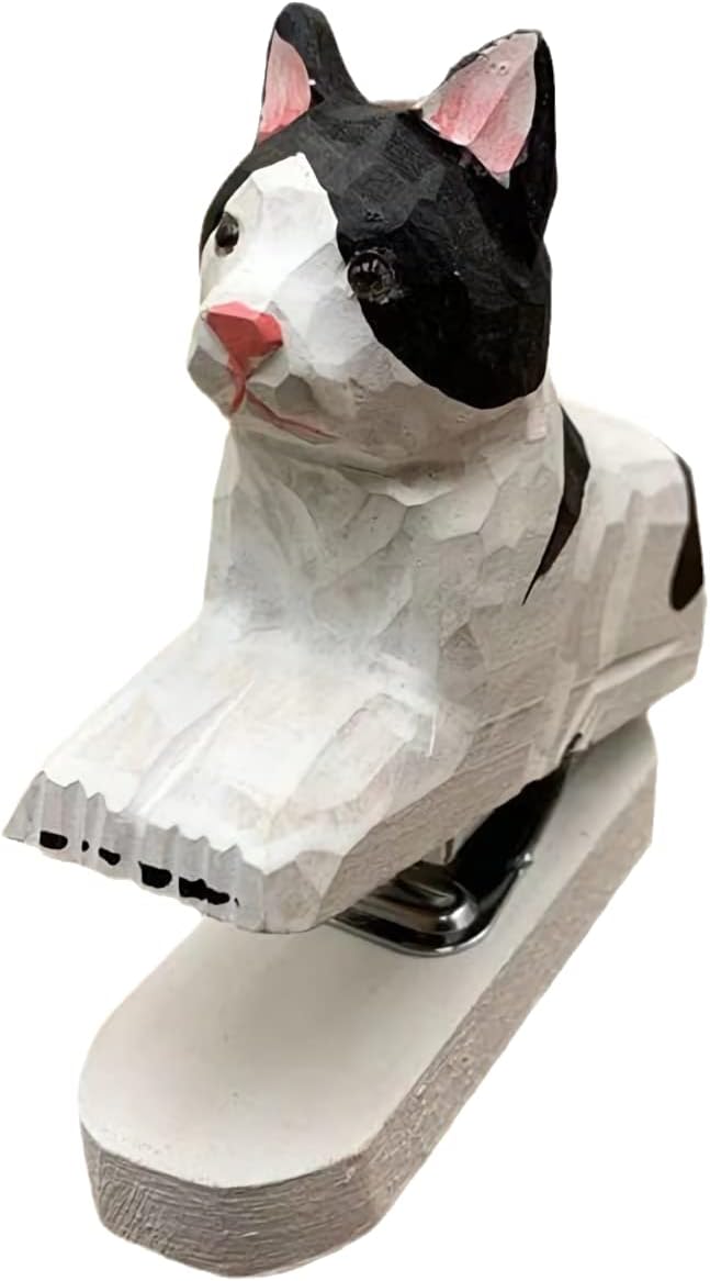 Wooden Animal Stapler, Desktop Stitcher Art Figurine Statue Sculpture Wooden Stapler for School Office Stationery (White cat)
