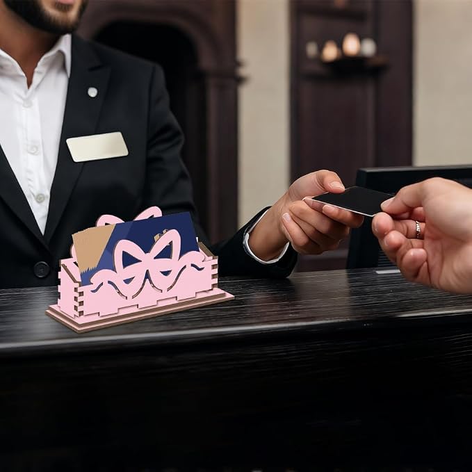 2Pcs Pink Bow Business Card Holder Desk 4.5 x 1.6 x 3.1 Inch Business Card Display Stand Cute Pink Bowknot Wooden Decorative Organizers for Office Desktop Home Room Tabletop Decorations