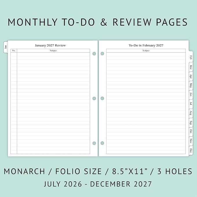 newestor 2026-2027 Monthly Planner Refill for 3 Ring Binder, Jul 2026 - Dec 2027, Two Pages Per Month, 8-1/2" x 11", Monarch/Folio Size 5