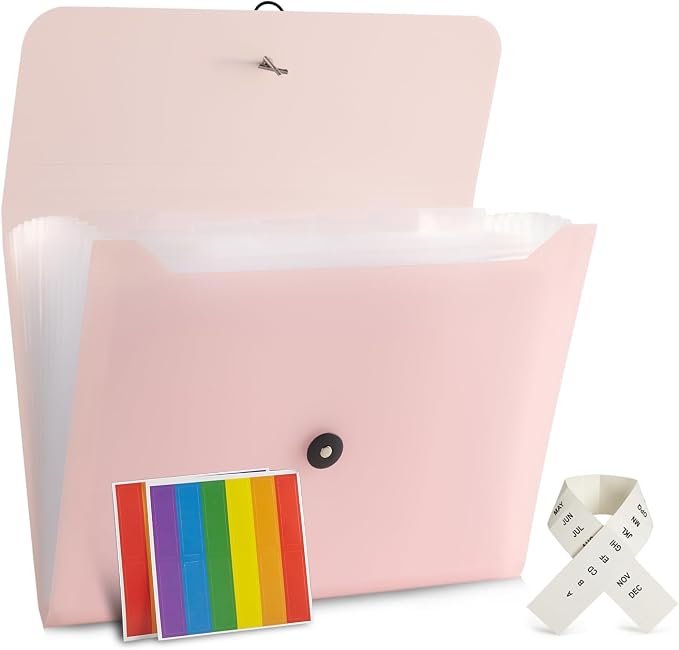 Expanding File Folder File Organizer 13 Pocketsr Accordion Filing Folder for Documents Aesthetic Paper Organizer Folder for Work, School, Home, Office (Transparancy Pink)