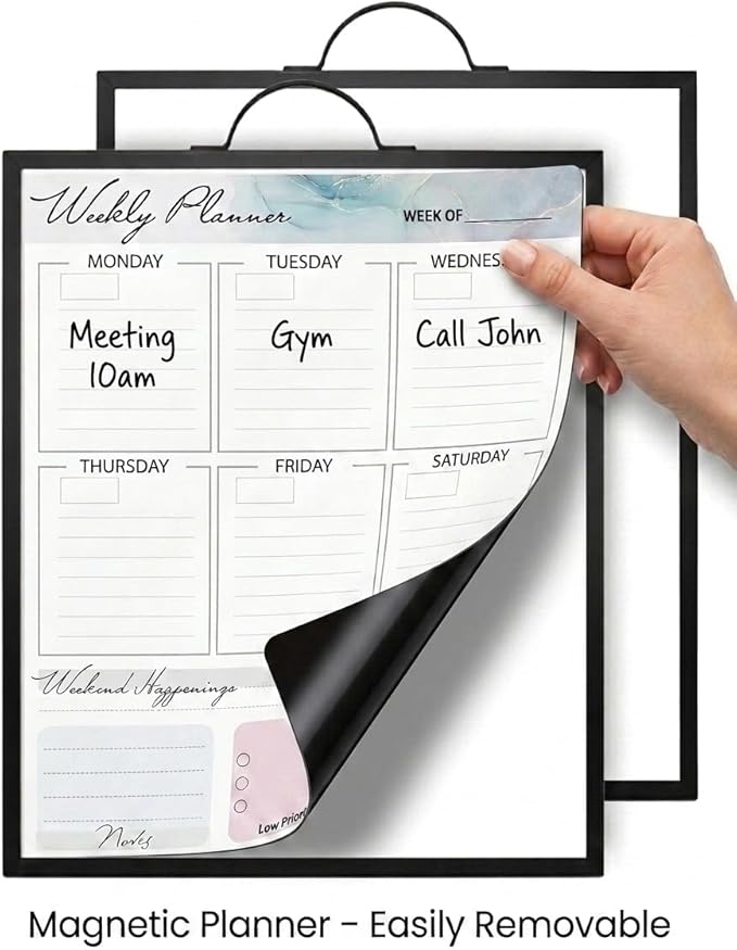 Black Magnetic Dry Erase Whiteboard 12 x 16 Double Sided, Portable Planner Board with Weekly Monthly Sheets, Write and Wipe to Do List Board, Includes 3 Markers Eraser 2 Magnets