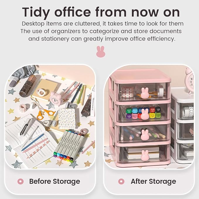 4-Tier Desk Storage Box, Transparent Plastic Organizer with Bunny Handles, Large Capacity Multi-Level Drawer for Books, Pens, Office Supplies, Perfect for Home, Office, or Study