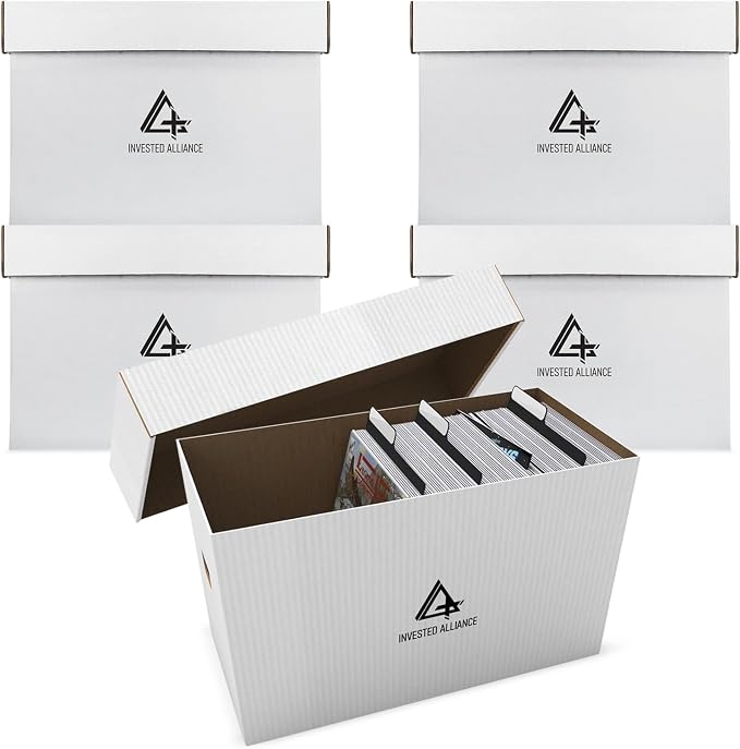Invested Alliance Premium Short Comic Book Storage Box Organizer with Lid | Thick Cardboard Comic Storage Box For Collectibles Fits 150-175 Current/Silver Age, Heavy Duty & Stackable.