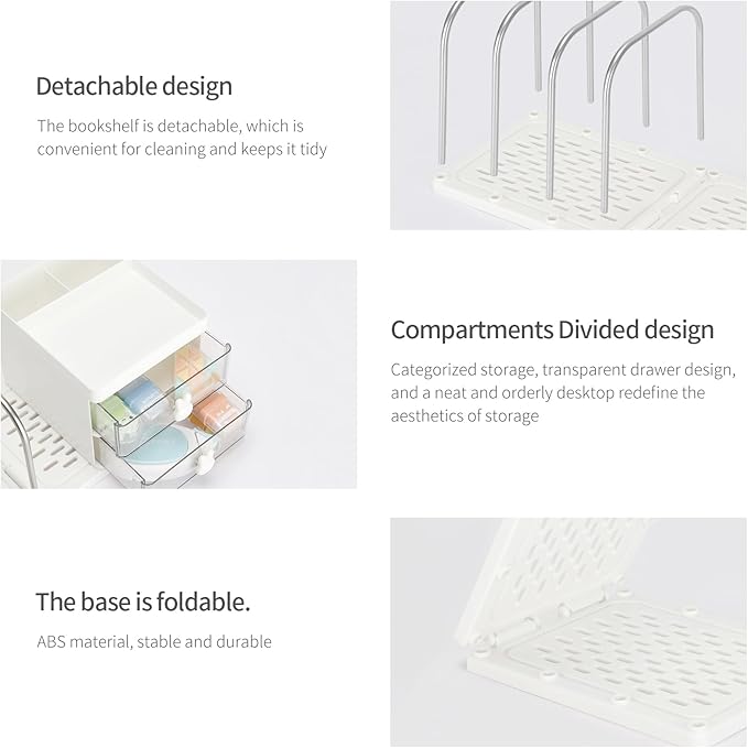 LETURE Desk Organizer with 2 Drawer, Pen Pencil Mail File Holder for Desk with Detachable Bookend, Stationery Accessories Storage Box for Office Supplies, Makeup, Jewelry for Home, Office (White)